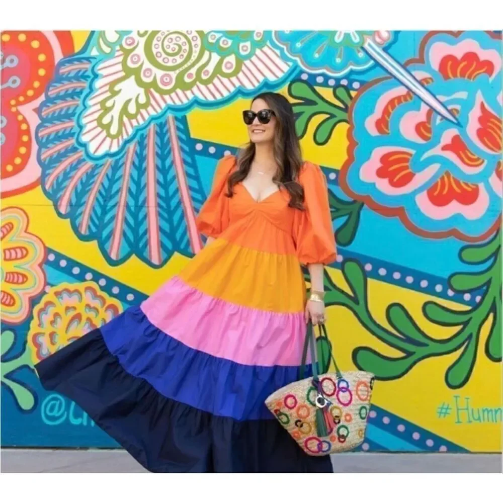 Anthropologie Farm Rio Size S Puff Sleeve Tiered Maxi Dress Colorblock Stripe - Picture 9 of 15